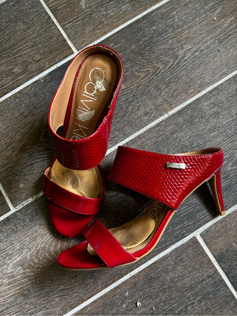 Calvin Klein Red Textured Open-Toe Heeled Sandal, patent leather